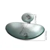 YANKSMART Silver Art Oval Bowl Bathroom Tempered Glass Sink Faucet Washbasin Bath Vanity Mixer Water Tap Set W/ Pop-up Drain