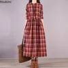 Lässige Kleider Fashion Vintage Tailliertes langes Kleid für Frauen bequeme Ärmel Plaid Cotton Leinen Schnürung Maxi weibliche Vestidos Robe