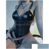 Women'S Shapers Womens Leather Lace Mesh Stitching Sexy Underwear Jumpsuit Femme Pajamas Porn Cosplay Costume Product Drop Delivery A Dhczl