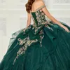 Luxury Emerald Green Quinceanera Dresses Off Shoulder Ball Gown Corset Birthday Party Dress Gold Applique Beads Vestidos De 15