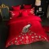 寝具セットレッドラグジュアリー1000TCエジプト綿中国スタイルの結婚式セットピーコック刺繍布団カバーベッドシート枕カバー