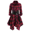 Casual Dresses Red Plaid Belted Roll Tab Sleeve Handkerchief Gothic Dress Women Long Goth Clothes Ropa Mujer Streetwear