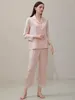 Thuiskleding Pure zijde roze gestreepte button up dames pyjama 2 stks kanten trim lange slijtage