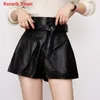 Women's Shorts Women Harajuku Genuine Leather Bud Pleated Falbala With Belt Femme High Waist Brown/Green Casual Mujer Sexy Booty