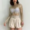 2024 European And American Foreign Trade New Amazon Hot Selling Women's Clothing Sexy Mesh Studded Sequin Long Sleeved Top T-Shirt