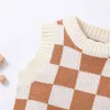 Shorts Newborn Baby Boys Girls Two Pieces Clothes Outfits Oneck Sleeveless Checkerboard Printed Knitted Swater Vest + TieUp Shorts