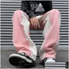 Mens Jeans Pink American High Street European And Pants Design Sense Splicing Loose Wide Leg For Men Drop Delivery Apparel Clothing Dhknv