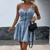 Casual Dresses Sexy Off Shoulder Ruffle Suspenders Denim Dress Lady Elegant Sleeveless Zip Flim Jean Mini Fashion Waist Solid Party