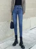 Jeans pour femmes pour femmes maman bleu femme noire haute élastique élastique femelle lavée denim skinny pantalon crayon taille 31