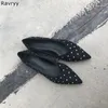 Casual Shoes Woman Suede Leather Black Flats Point Toe Female Dress Silver Rivet Decor V-Shaped Open Design Elegant Party