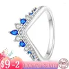 Wedding Rings 2024 Luxury Blue Zircon Crown Finger V-shaped Drop Ring Women Silver Color Jewelry Gift For Girlfriend Trend