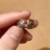 Cluster anneaux rétro à six caractères grands mantra brillant anneau mâle accessoires de doigt amulet mâle style ethnique 925 argent pour hommes bijoux