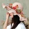 Summer Women Straw Hat with Flowers Wide Brim Wavy Panama Hats Female Lady Outdoor Foldable Beach Sun Cap 240403