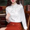 Women's Blouses Women Vintage Chinese Style Beaded Button Shirts Elegant Stand Collar Jacquard Satin Female Long Sleeve Slim Chic Tops