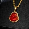 Yuyinggems Moissanite Iced Greed/Красная нефрита кулона Будды с 14 -каратным золотым ожерельем