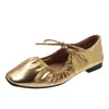 Casual Shoes Ballet Flats Women Leather Shoe Narrow Band Silver Bling Gold Round Toe 2024 Spring Footwear