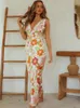 Julissa Mo Elegant V-ringning Slip Floral Print Satin Maxi Dress for Women Summer Backless Lace Bodycon Beach Party Vestidos 240328