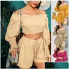 Kadın Trailtsuits 2 Parçalı Setler Kadın Kıyafet Düz Renk Bir SHODER Kısa Üstler Dstring Leace-up Şort Set Sıradan Bayanlar Pantolon Del Del Dhgyc