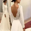 Simple Chiffon Bateau A Line Wedding Dresses Half Sleeves Open Back Bridal Dress Lace Appliques Wedding Gowns