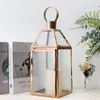 Kandelaars Rose Gold roestvrijstalen houder hangende lantaarn met gehard glas voor kaarsen indoor buiten bruiloft feest huis decor