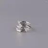 Cluster Rings Real Solid 925 Sterling Silver Band Women Gift Lucky Carved Double Leaf Feather Open Ring