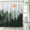 Dimmig skogschower gardiner sol berg tall träd abstrakt konst höstbad gardin polyester tyg badrumsdekor med krokar