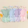 衣料品セット幼児の子供の女の子3pcs夏の服装袖のロンパーボウフロントショーツヘッドバンドセット生まれ