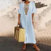 Ethnic Dress Women Sexy Embroidery Flower Design V Neck Cotton Linen Spring Summer Short Sleeve Split Long Maxi 240412