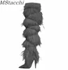 MStacchi Winter Novelty Women Boots Suede Crosstied Pointed Toe Party High Heel Shoes Sexy Ostrich Feather Over The Knee Boots 2217187189