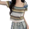 Rainbow Striped Sleeved Square Necked Knit T-shirt for Women's Summer Slim Fit and Slimming Short Top Instagram Trend