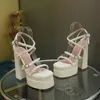 Womens Fashion Thick High Heel Matsuke Sole Sandals Fully Handmade European and American Drilled Sexy Nightclub Show 240328