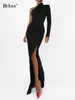 Casual Dresses Bclout Spring Knitted Black Long Dress Women 2024 Fashion Sleeve Solid Slit Elastic Party Sexy Bodycon Female