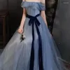 Party Dresses Off Shoulder Princess Short Sleeve Glitter Tulle Belt Long Ruffle Halter Ceremony Prom Dress