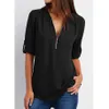 Women's Blouses Shirts S-5XL Ladies Loose Chiffon Shirt Multi Colors V-Neck Zipper Long-Sleeved Casual Basic White Black Blouse Shirt Tops Plus Size 240411