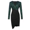 Casual Dresses Luxury Elegant Annual Party Dress Women French Shiny Green Sequins Black Bodycon Folds Slit Robe Lady Banquet Host Prom