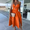 Casual Dresses Women Sexy V-neck Dress Backless Sling Summer Twist Design Hollow Out Long Sleeveless Solid Big Hem