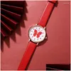 Armbandsur 6st Set Women Fashion Quartz Watch Female Clock Red Butterfly Dial Design Läder handled Montre Femme Drop Deliver Dhuvz