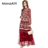 Casual Dresses Monaaiyi 2024 Vintage Fashion Designer Dress Women's Mesh broderad genomskinlig Lantern Sleeve Slim Red Long Long