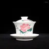 Koppar Saucers State Owned Factory under Glaze Handmålad bomull Rose Flower Cover Bowl Tea Cup 7501 Porslin