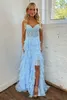 Sukienki imprezowe 2024 Piękny lekki/królewski niebieski A-line bez ramiączek, długa koronka i szyfonowa suknia balowa z szczeliną