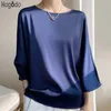 Kvinnors blusar skjortor Ny högkvalitativ sommar elegant o-hals plus storlek Silk Satin Blus Women Shirts Office Lous Lose Tops Haut Femme 6 Colors 240411