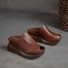 スリッパ本革女性サンダルレトロハンドメイドプラットフォームウェッジシープスキンハイヒール夏靴