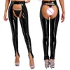 Bras Sets Women Sexy Open Chest Metal Chain Long Sleeve Crop Top With Crotchless Pants Patent Leather Lingerie Outfit Clubwear Nightwear