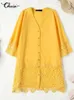 Celmia Women Solid Summer Mini Dress Elegancka pusta sznurka z koronki wypoczynek Vneck 34 Sleeve Holiday Beach Short Vestido Robe 240403
