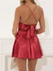 Casual Dresses Women'S Sexy Backless Dress With Spaghetti Straps Low Cut Corsag Tied And Short Sleeveless A-Line Mini Skirt