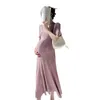 Maternity Dresses Korean Style Maternity Knitted Dress Solid Color Short Sleeve V-Neck High Waist Pregnant Woman Stretched Dresses Pregnancy Dress 24412