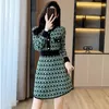 Casual Dresses Vintage Printed Knitted Sweater Dress Women Long Sleeve Buttons Slim Short A-line Female Sexy Office Mini