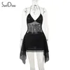 Robes décontractées Soefdioo Knit Hollow Out Robe noire Femmes Sexy Halter Wrap Chéching Ruffles Hip Mini 2024 Été Voir à travers Streetwear