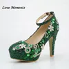 Vestido sapatos de amor momentos femininos casamento com sacos combinando 9cm Block Heal Ladies Plataforma Green Crystal Luxury Party Shoe