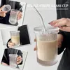 Wine Glasses Simple Stripe Glass Cup With Lid And Straw Transparent Breakfast Bubble Tea Cups Milk Juice Coffee F0Y5